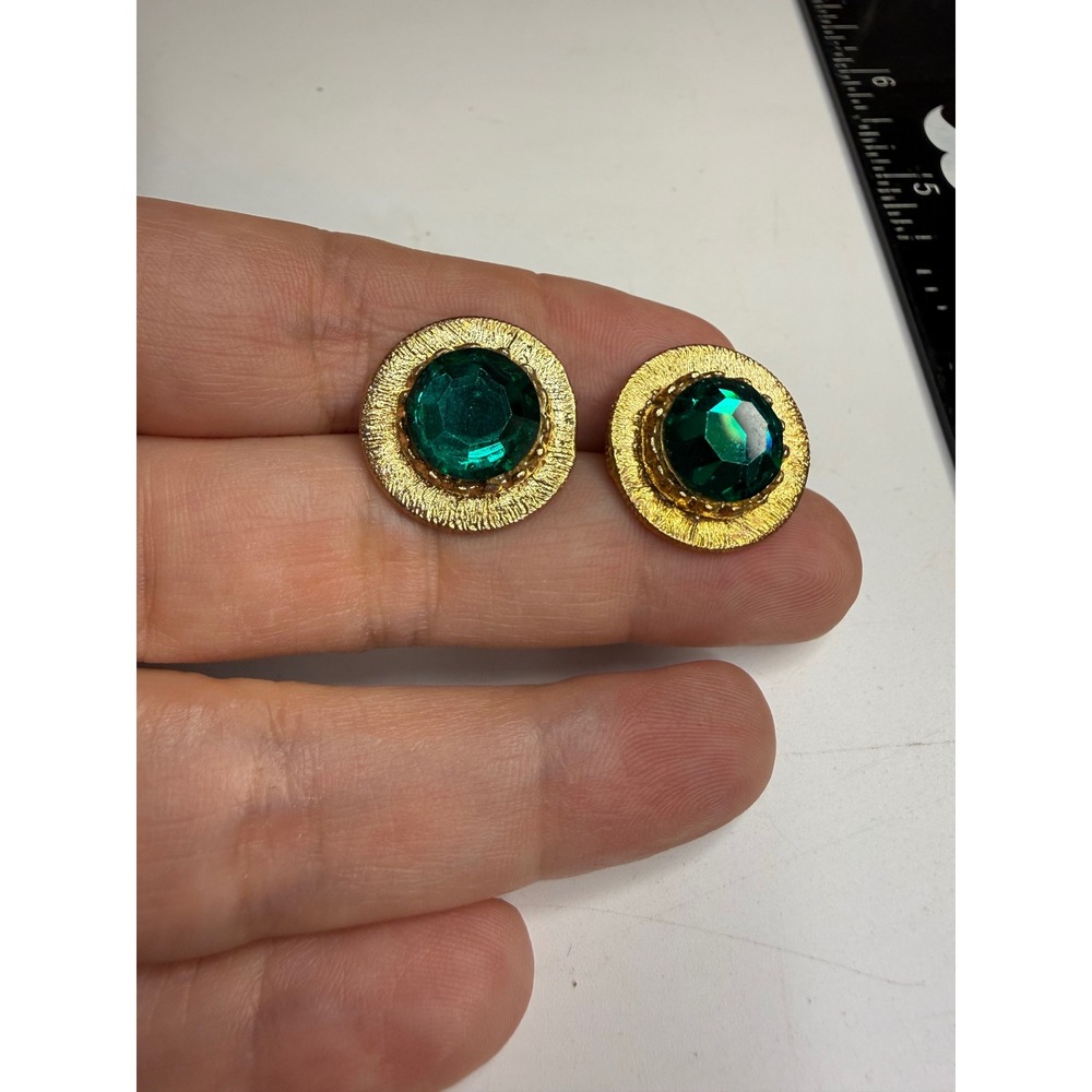 Vintage Gold Tone Emerald Green Faceted Glass Crystal Round Cufflinks T-Back